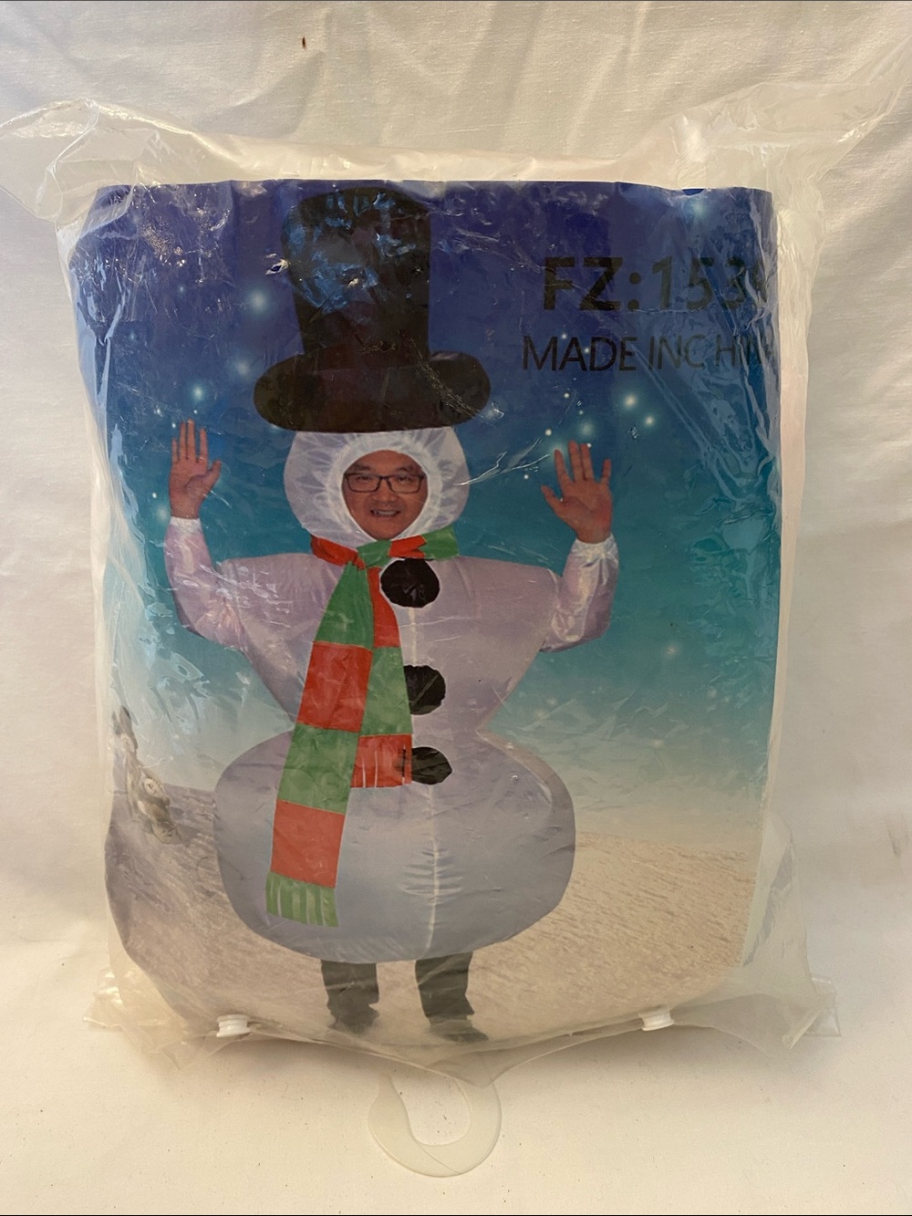 Inflatable Snowman Costume with Green and Red Scarf